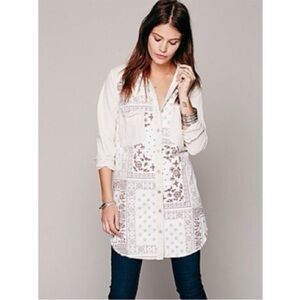 Free People Westward Won Denim Bandana Tunic Top cream beige brown bandana print